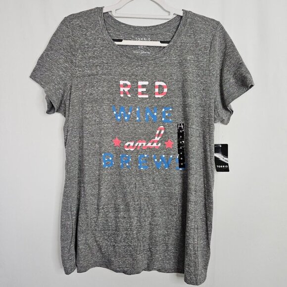 NWT TORRID T-Shirt Top GRAY size 0 L 12 Red Wine & Brews Flag Crew Neck Fun Cute - Picture 3 of 6